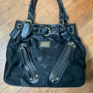 Vintage Coach purse, signature cloth, black w/ leather details & gold hardware